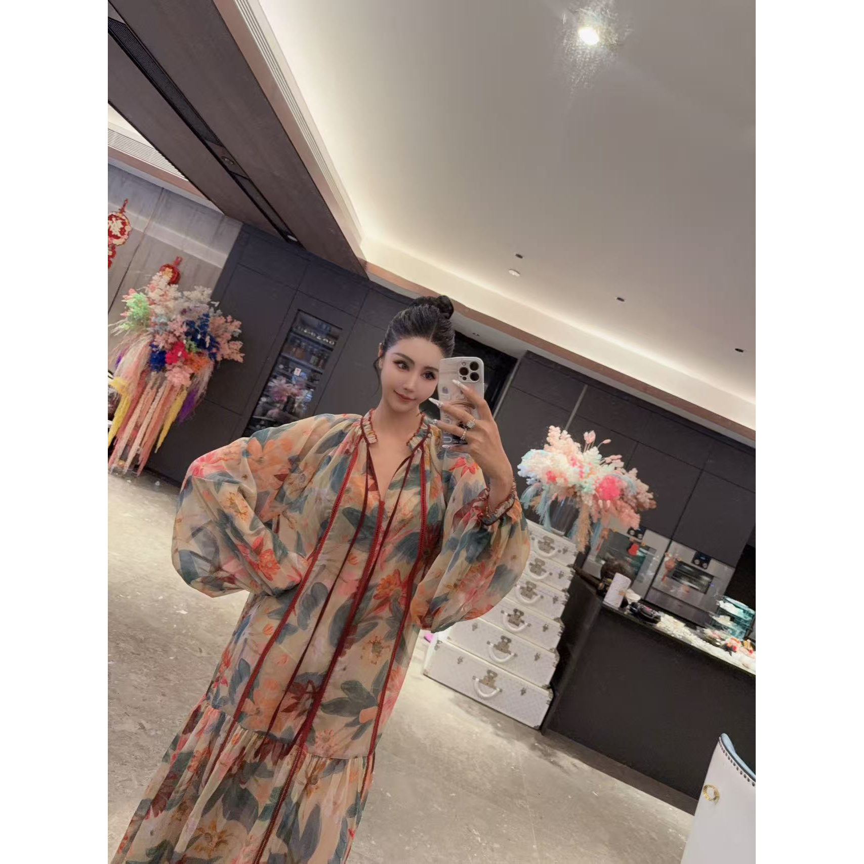 DIYI【花海女王】红穗穗满身花朵领褶褶蓬蓬袖连衣裙LYQ13947