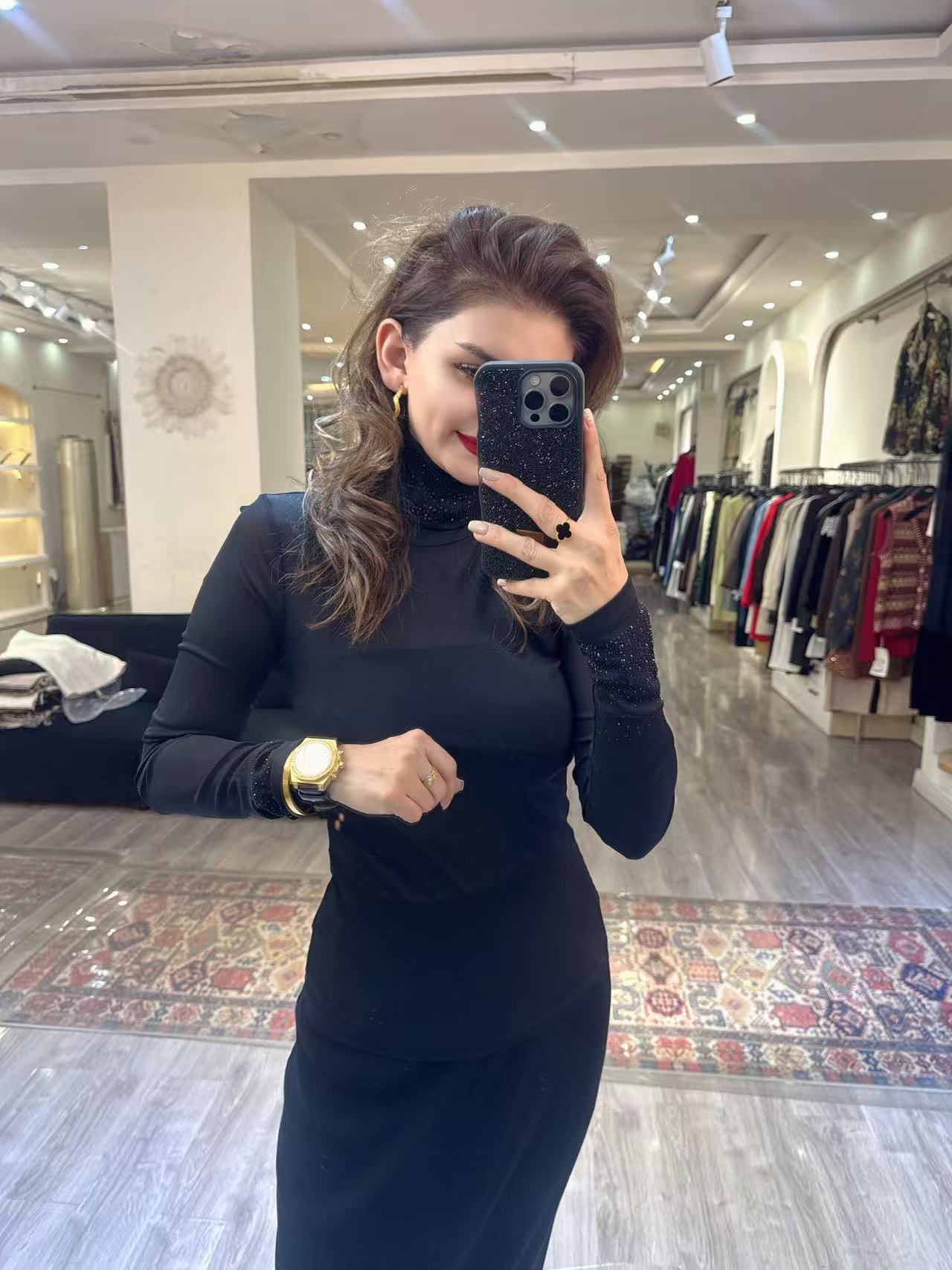 2025年自家原创高领袖子带钻重工显瘦百搭女款打底纱提