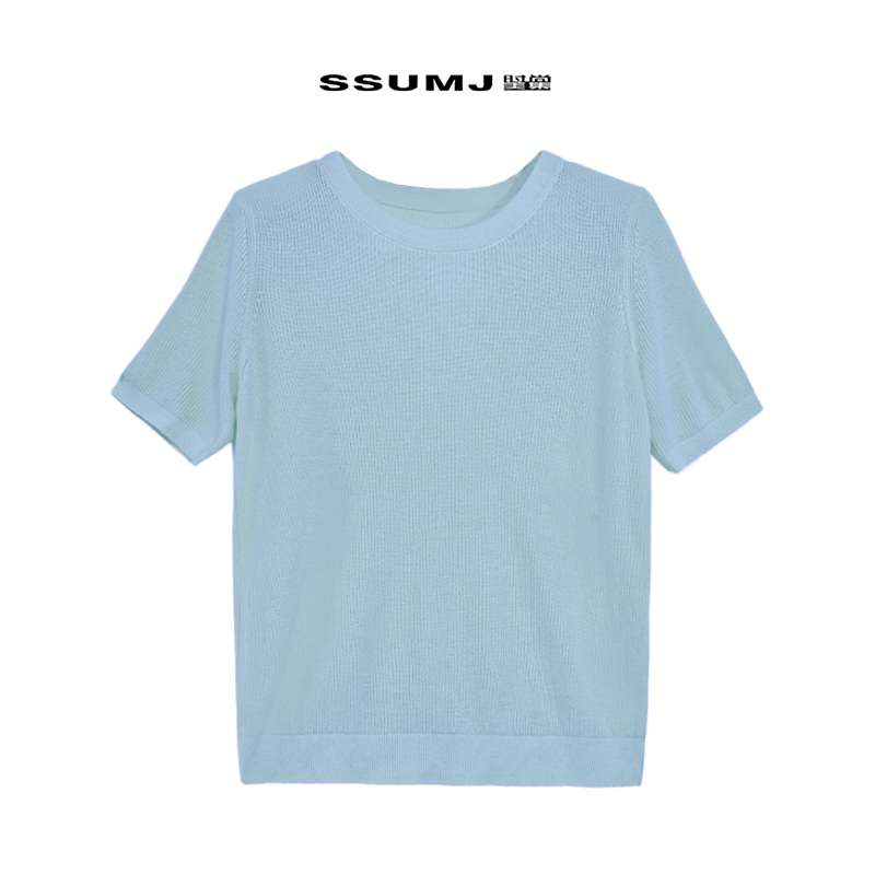 T283032  夏季清新糖果纯色针织T恤通勤女上衣休闲百搭薄款短袖
