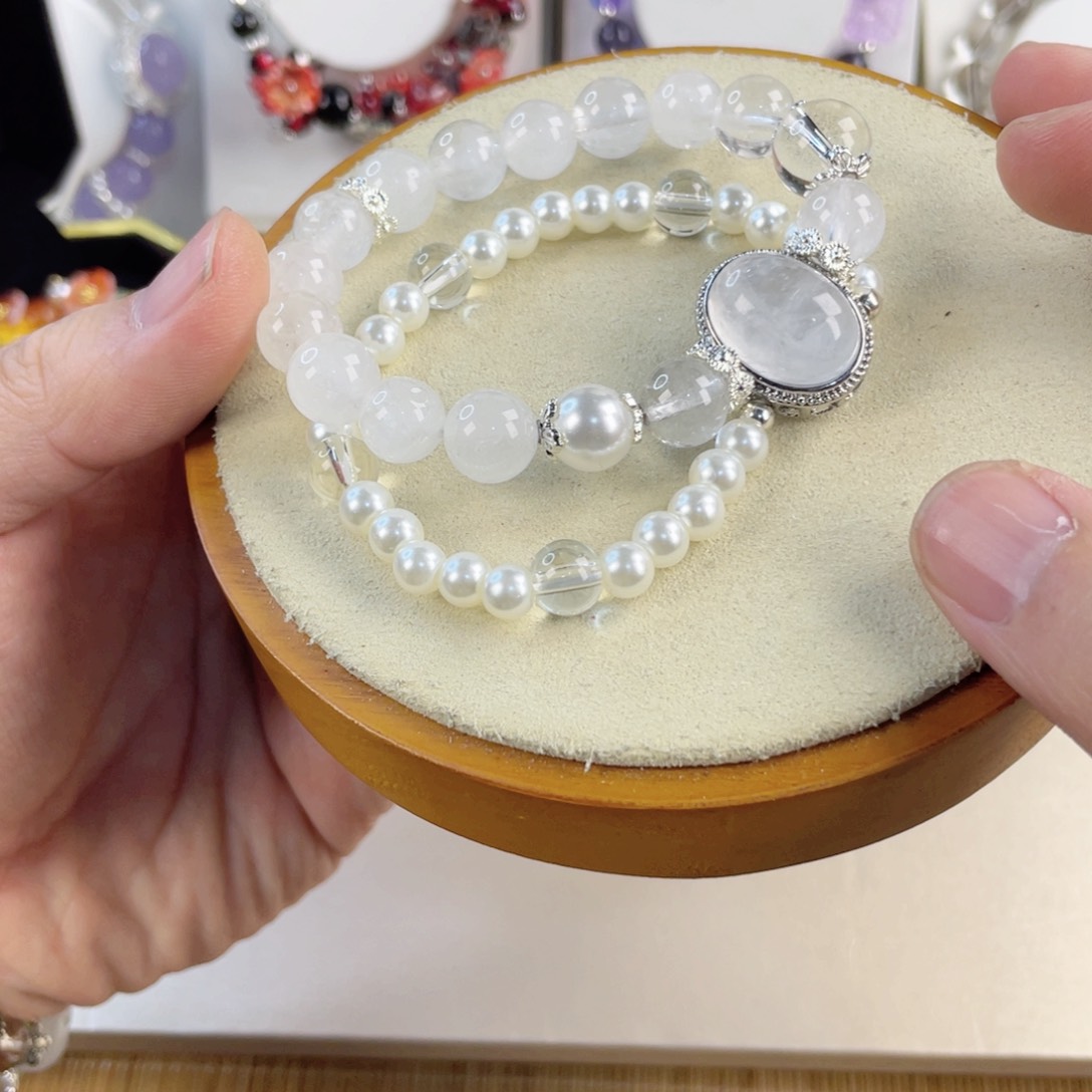 水晶手串银S800镀金镶嵌