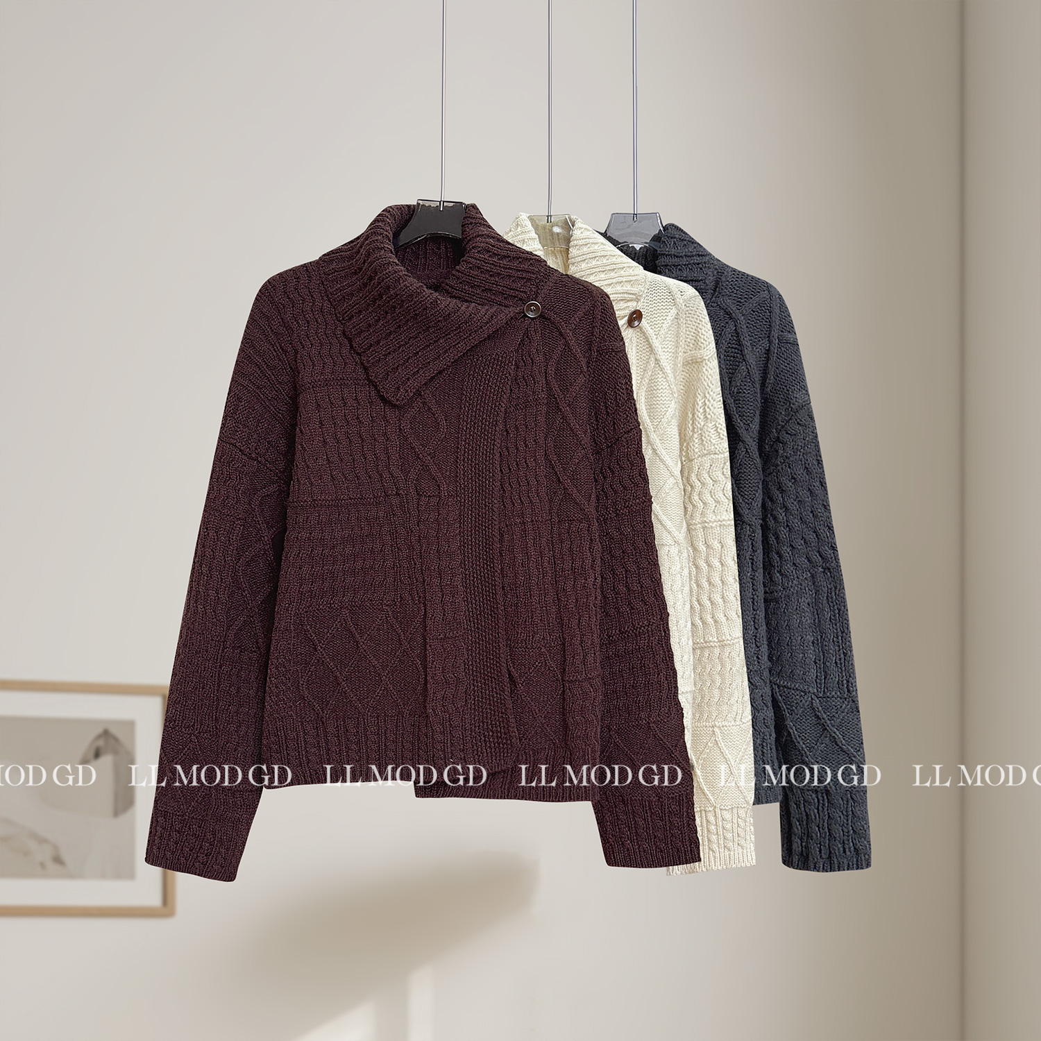 绵养气质 重工麻花翻领毛衣针织宽松显瘦绵羊毛上衣 YL-6200951