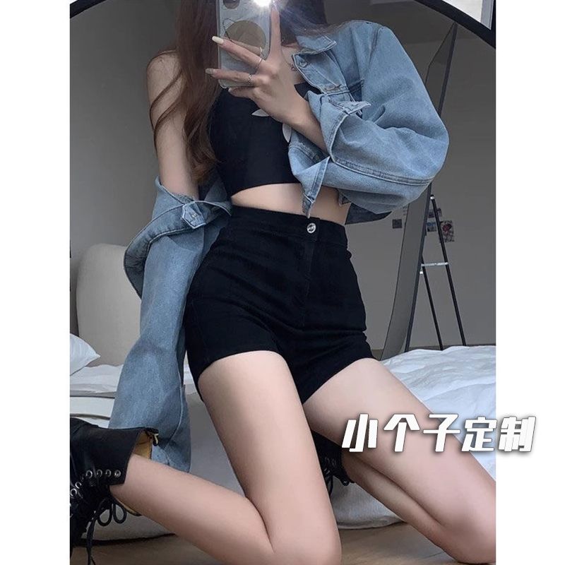 美式黑色a字牛仔短裤女夏季高腰显瘦辣妹紧身包臀热裤子小个子裤