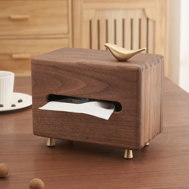 北美黑胡桃实木铜鸟纸巾盒高端精致轻奢侧抽家用办公抽纸盒