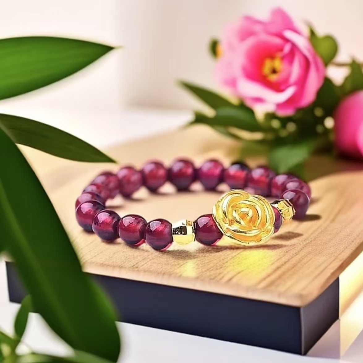 [黄金补贴】足金玫瑰花搭配天然石榴石女士戒指（证书、礼盒）