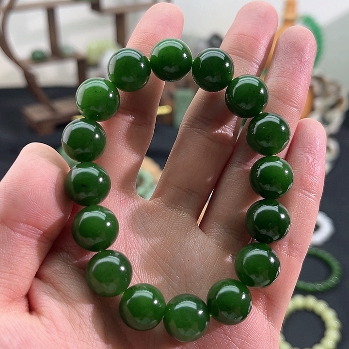 和田玉颈饰未镶嵌碧玉-老坑菠菜绿-13mm手串
