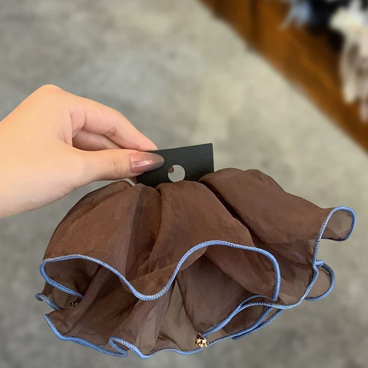 韩系蓬松网纱咖色一字弹簧夹莫兰迪包边半扎后脑勺发夹子头饰发饰