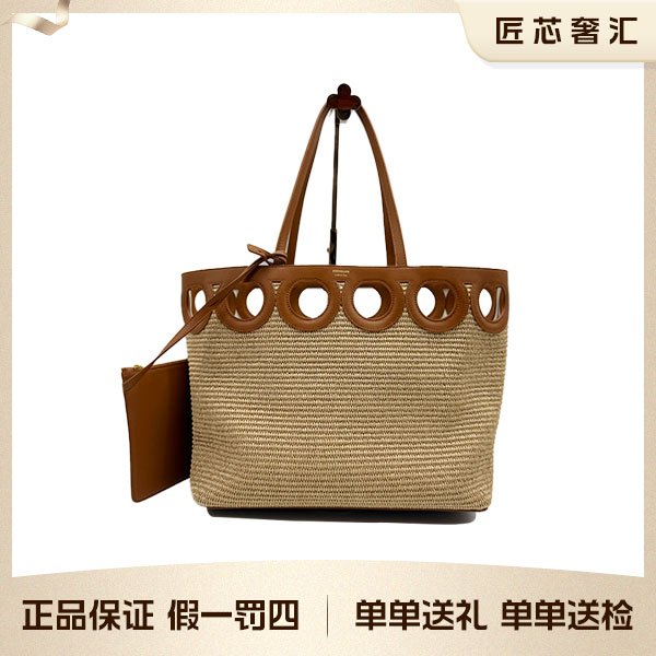 95新 FERRAGAMO/菲拉格慕 Gancini草编牛皮托特包Tote包购物袋