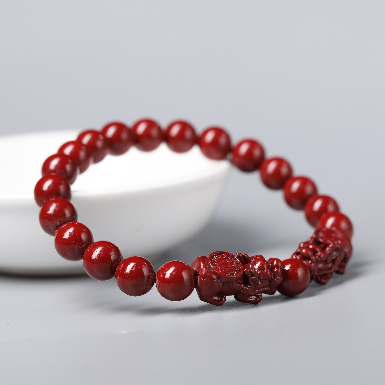 含辰砂工艺品含辰砂工艺品ZA016-紫色8mm双貔貅隔珠手串