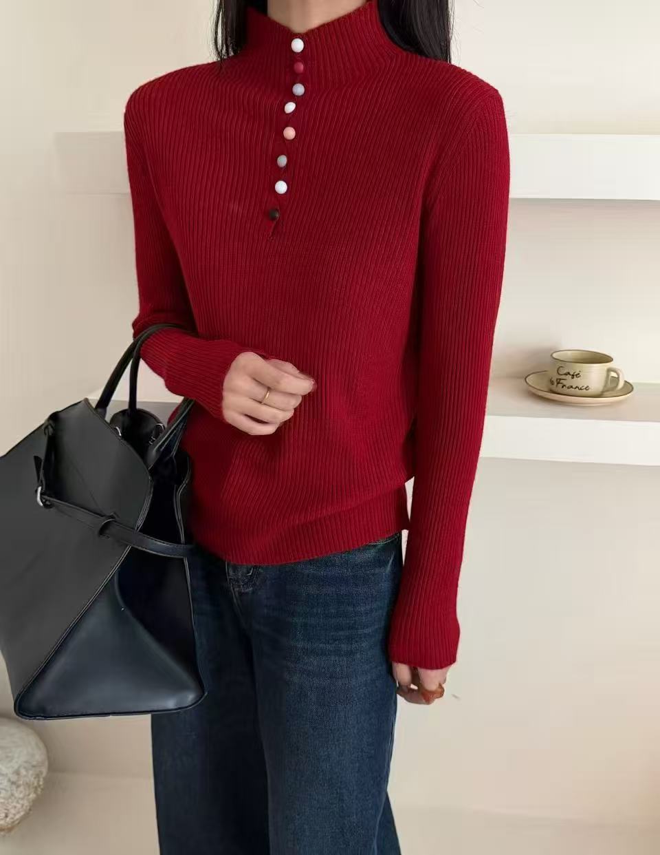 （玉姐家）秋季新款彩扣柔软亲肤修身弹力针织打底衫f1755 J6274