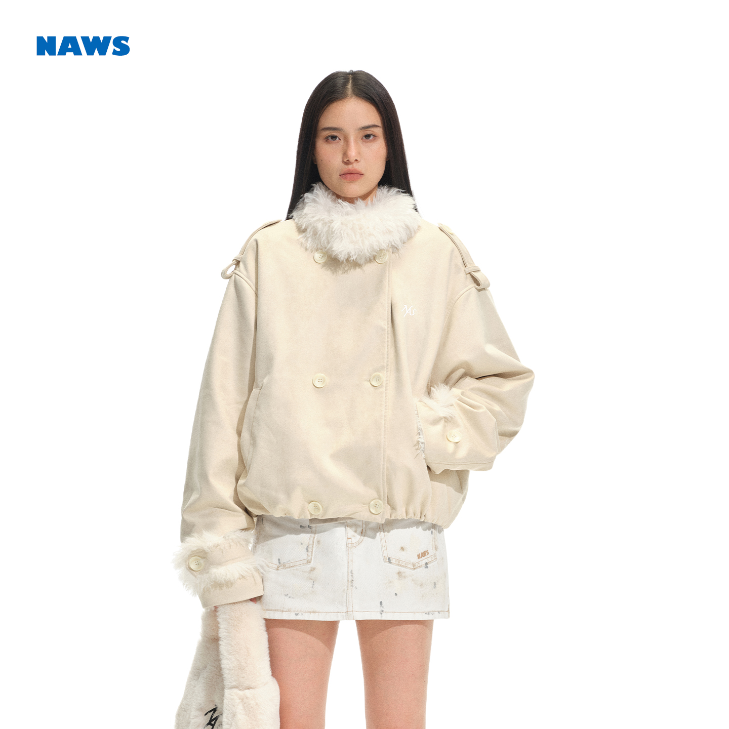 NAWS 威尔皮草外套 翻毛环保麂皮绒羊卷毛翻立领宽松加厚毛毛外套