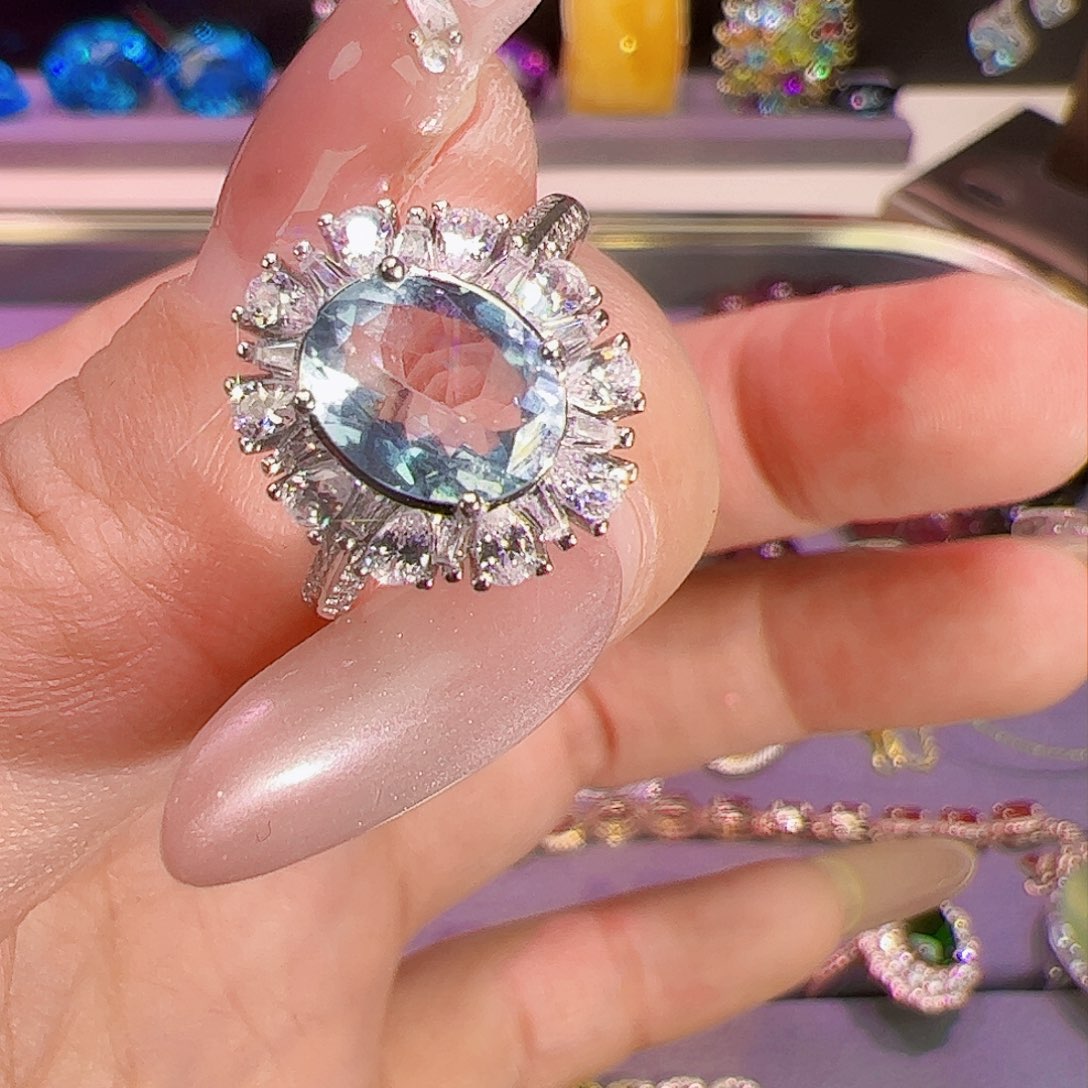 海蓝宝石戒指银S925镶嵌