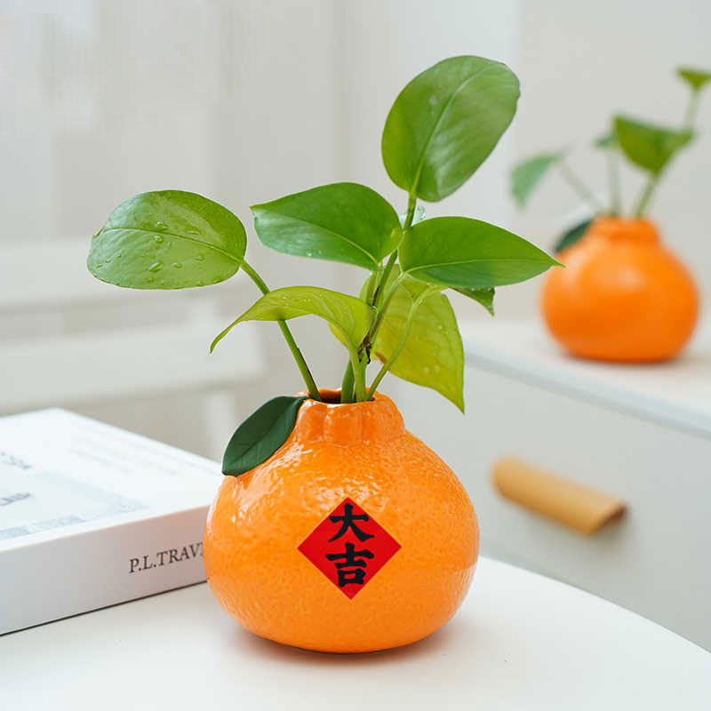 大吉陶瓷橘子花瓶高级感创意摆件