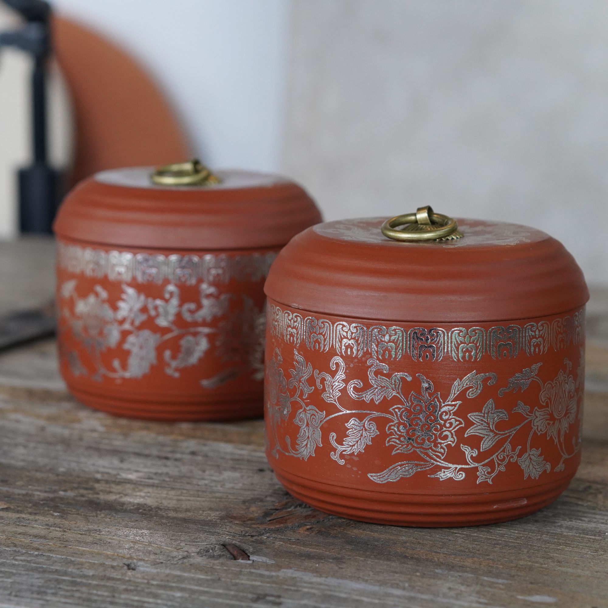 2个缠枝莲茶叶罐银色@ZH2835