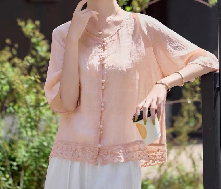 2025苎麻衬衫夏七分袖蕾丝花边宽松新中式上衣宽松薄开衫