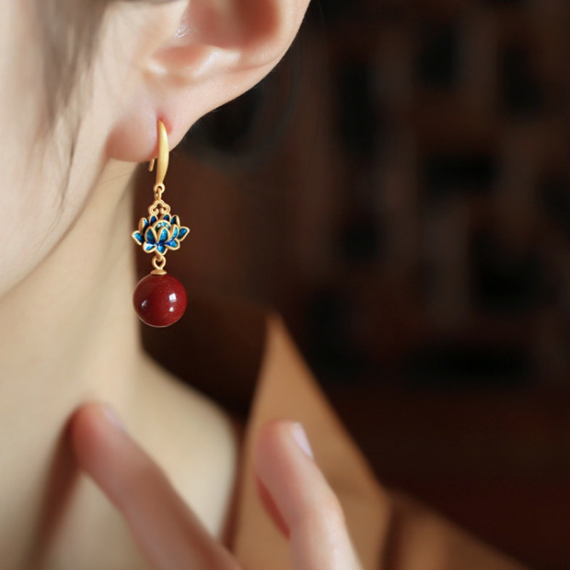 合金无非金属耳饰 新中式国风朱砂莲花耳环女红色复古优雅旗袍