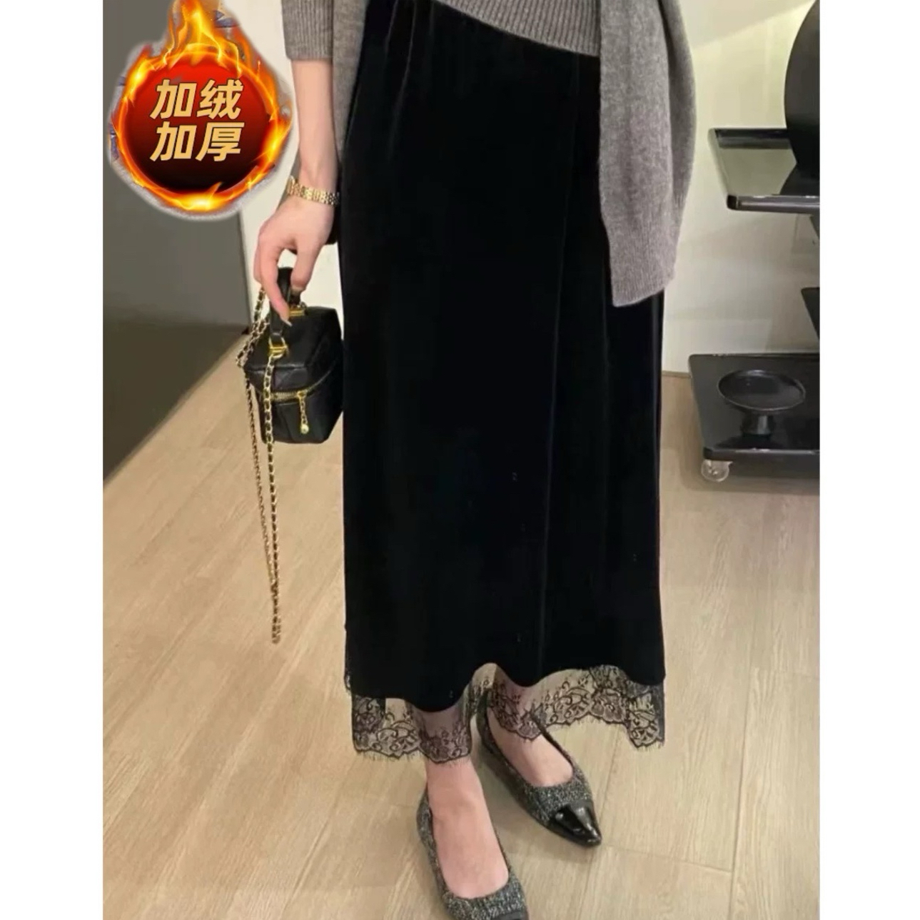   D999-3254【蕾丝半裙】加绒加厚金丝绒半身裙秋冬蕾丝拼接长裙女