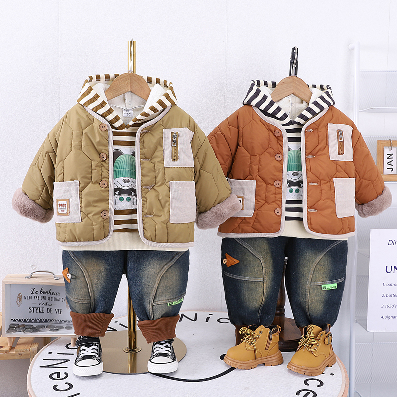 韩版条纹纯色卡通条纹棉服冬男宝男童童装儿童棉服加绒加厚三件套