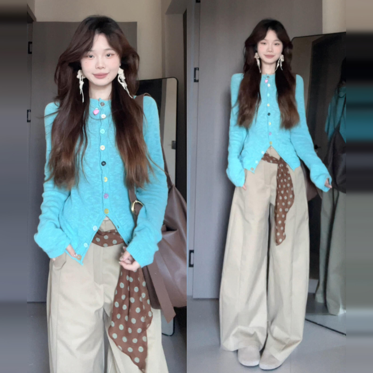 【现货+运补】蓝色长袖针织开衫女早秋修身软糯毛衣阔腿休闲裤套装