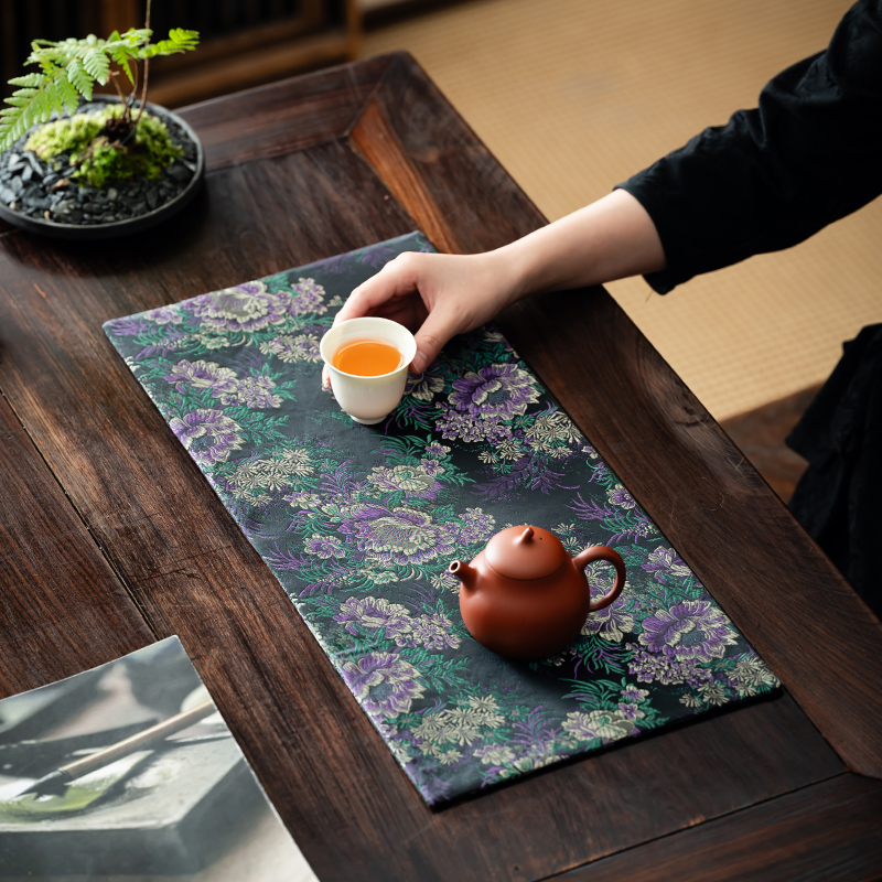 刺绣紫牡丹茶席双面吸水茶席手工高档古风中式干泡茶道