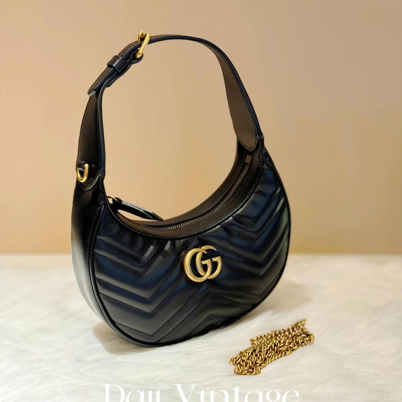99新 GUCCI/古驰 大吉中古/古驰黑金半月腋下迷你单肩包