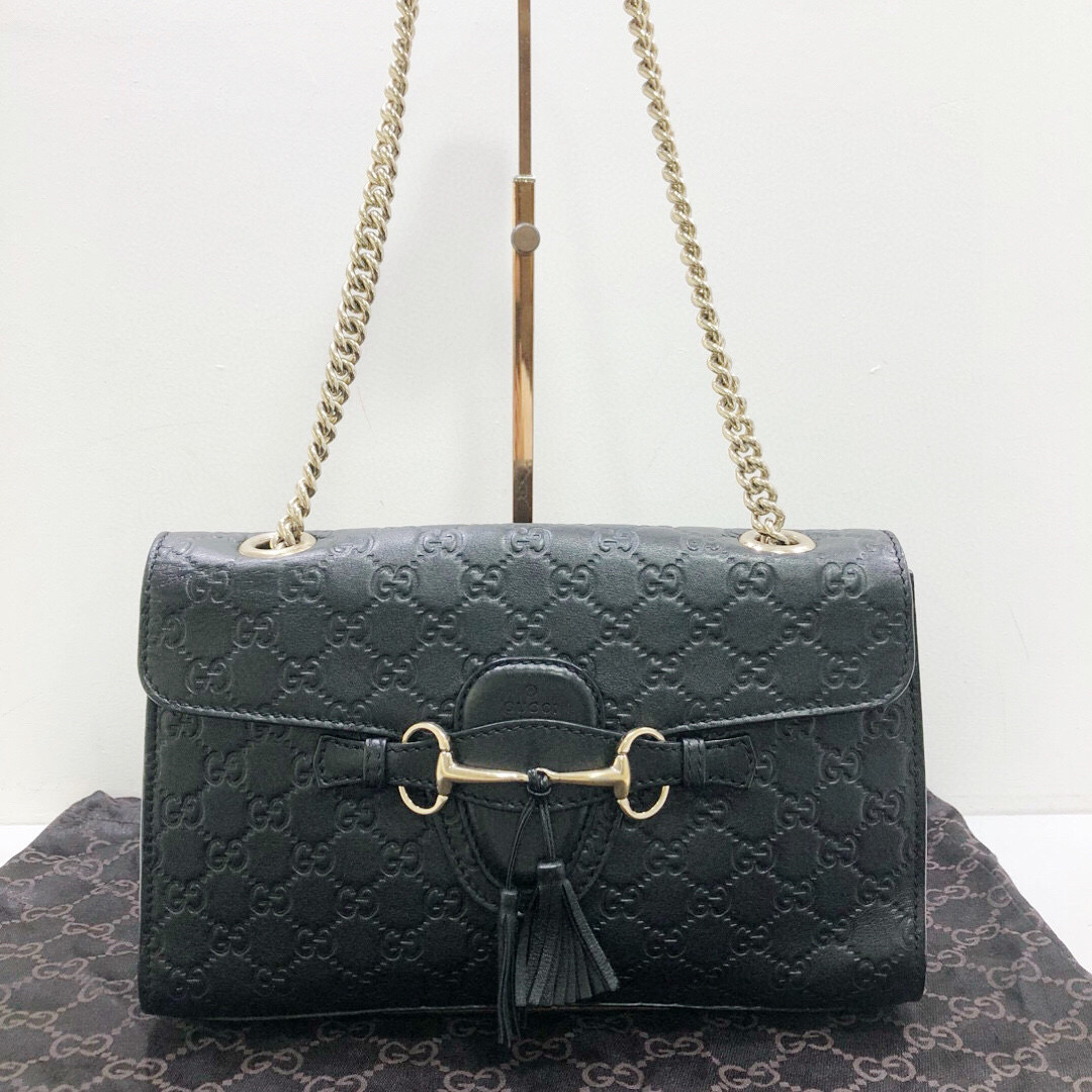 95新 GUCCI/古驰 古驰全皮黑金马按扣流苏链条单肩包