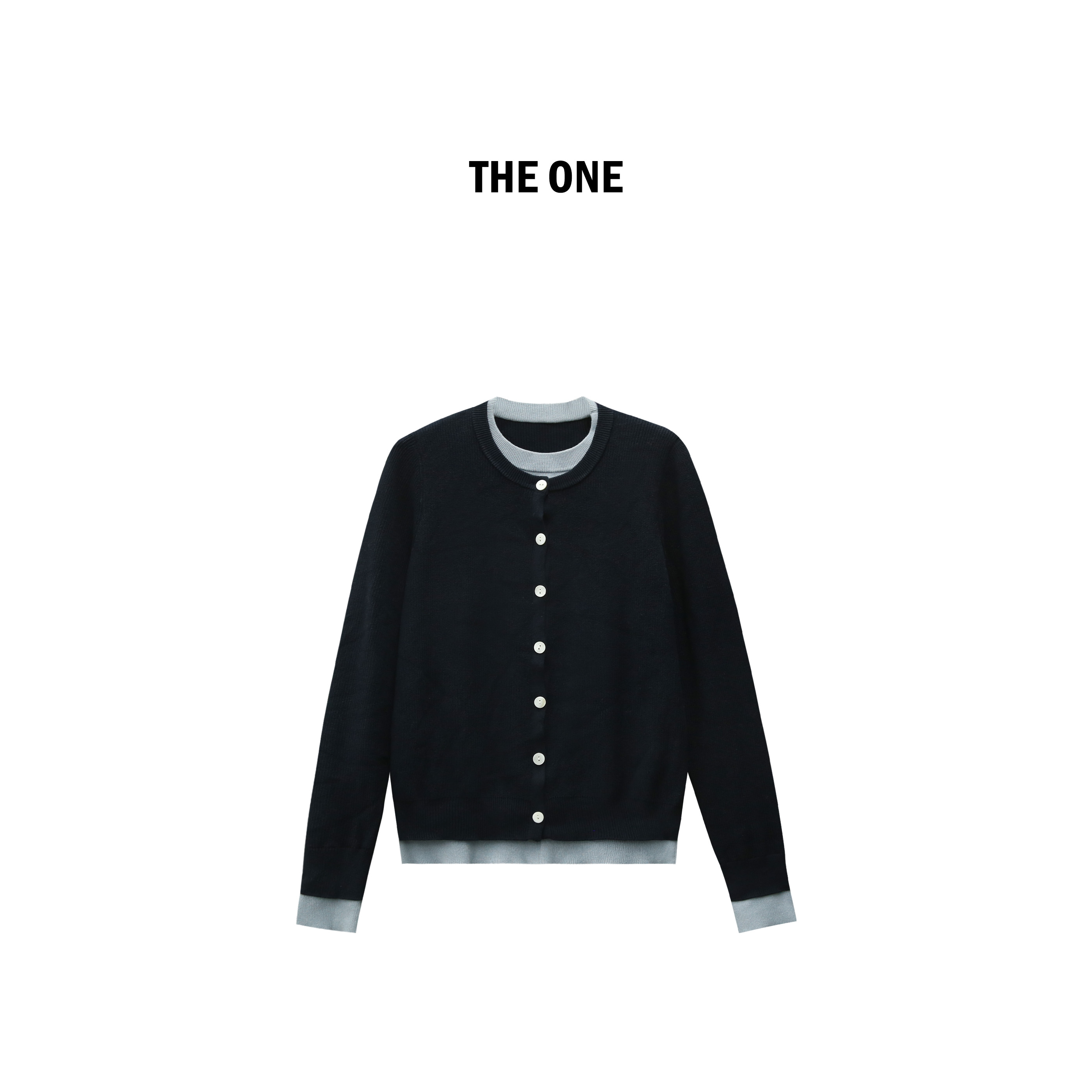 【AZE JIA】叠影 藏青色慵懒风针织撞色假两件开衫毛衣 CC40824M8