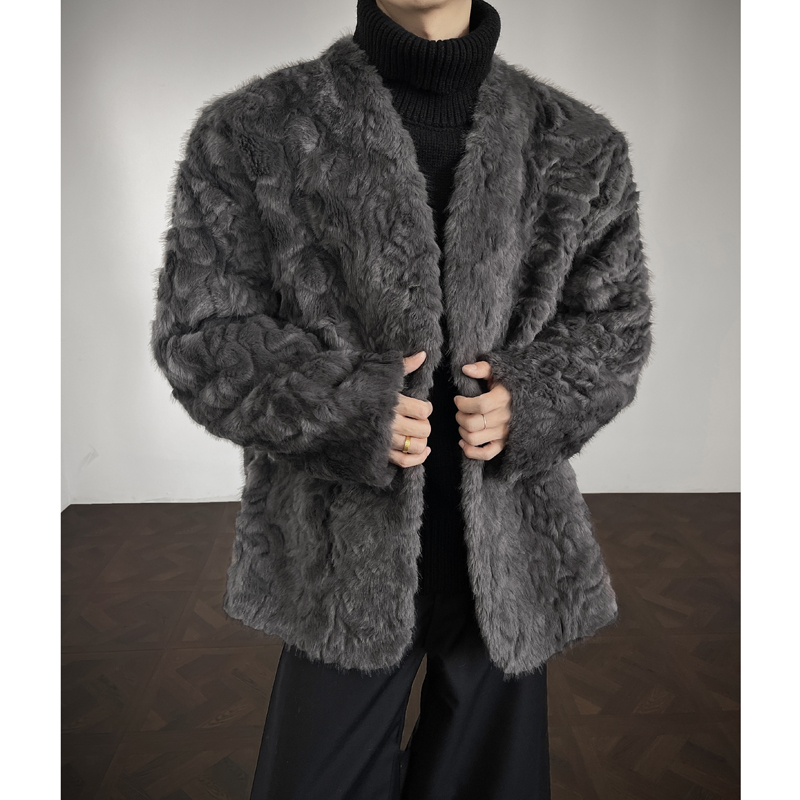 灰色仿水貂绒皮毛一体外套男冬季新款加绒加厚高级感棉衣毛绒棉服