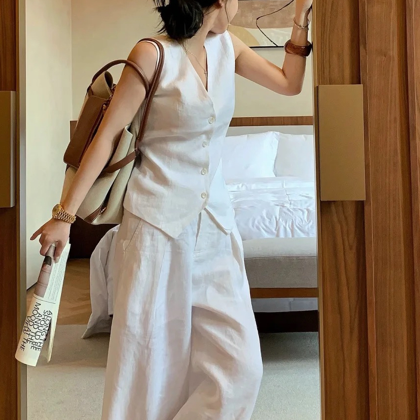 大V领四粒扣亚麻马甲 有口袋直筒长裤 可配套装时尚垂感气质显瘦