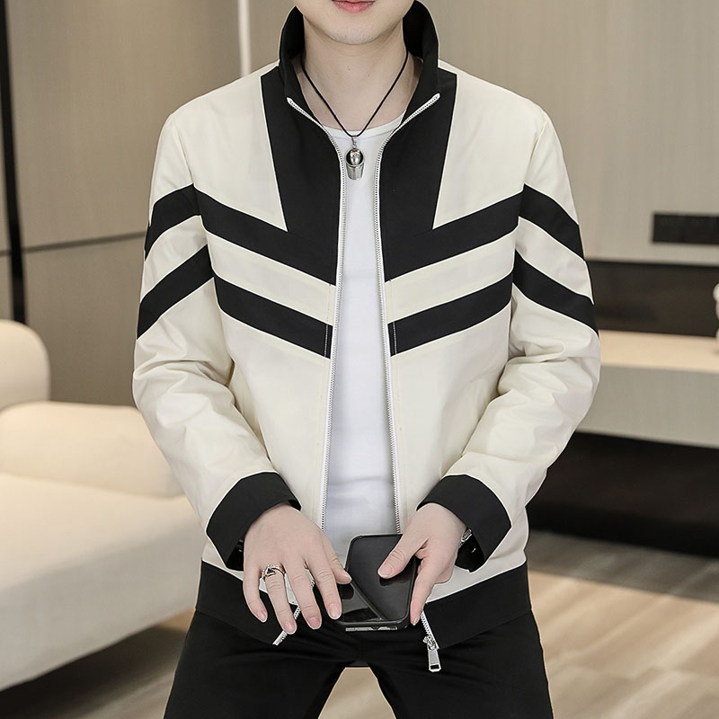高品质男装2025春季新款男士黑白拼接立领夹克休闲百搭帅气外套衣