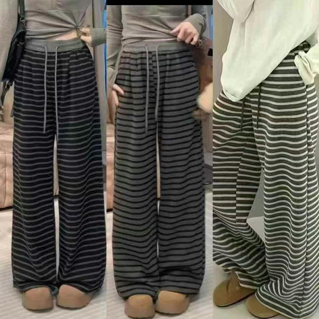 高腰条纹阔腿裤女宽松显瘦休闲长裤时尚百搭直筒裤
