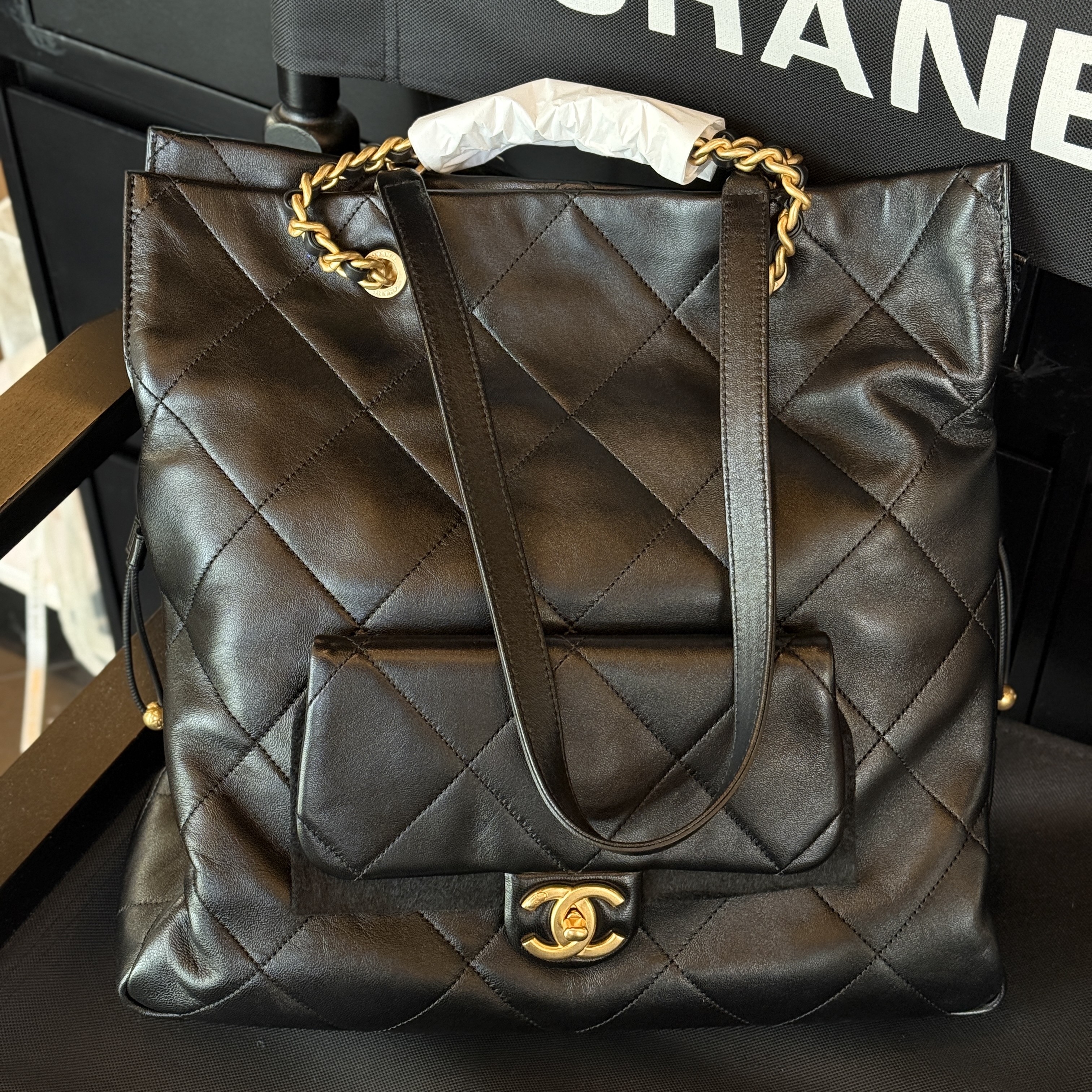 全新未使用 Chanel/香奈儿 黑金25c托特单肩包