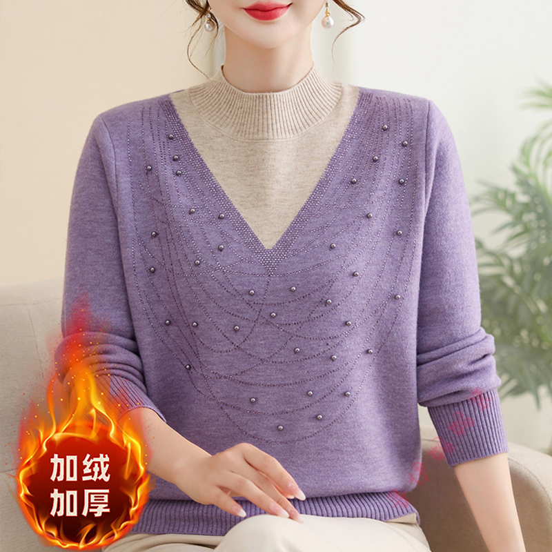 新款冬季时尚中老年女加绒加厚打底衫洋气妈妈秋冬针织一体绒毛衣