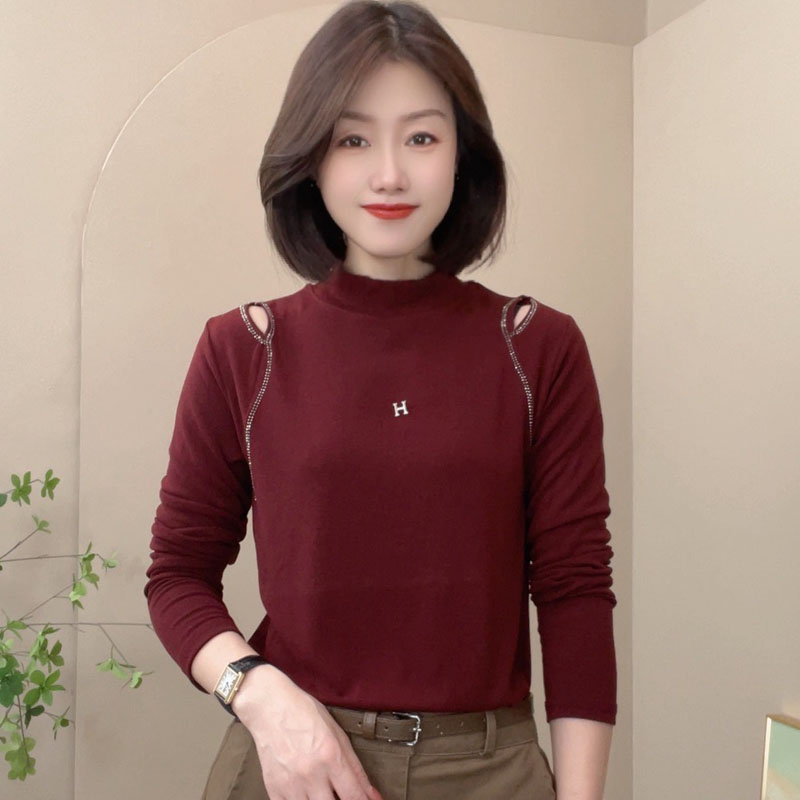7090新款长袖设计感露肩烫钻T恤修身气质时尚打底衫休闲百搭女