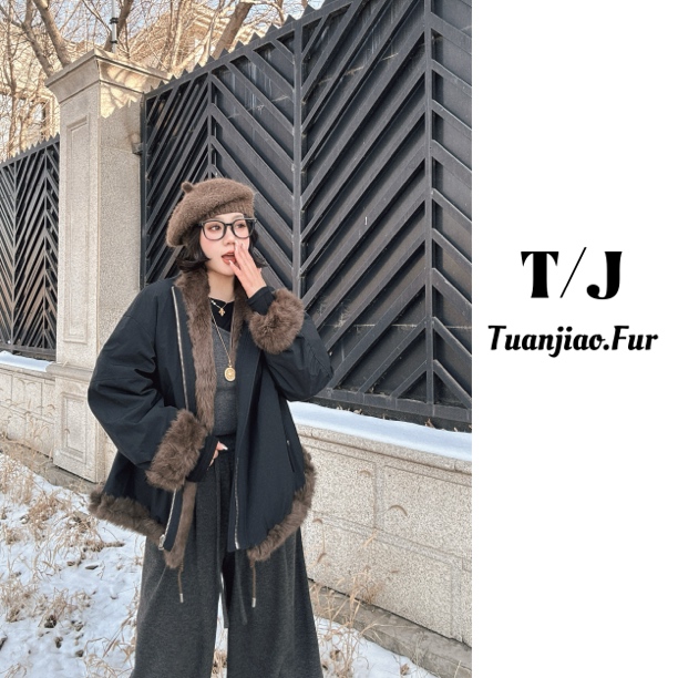 Tuan jiao“暖阳” 新款休闲两面穿短款皮草大码女装派克25123