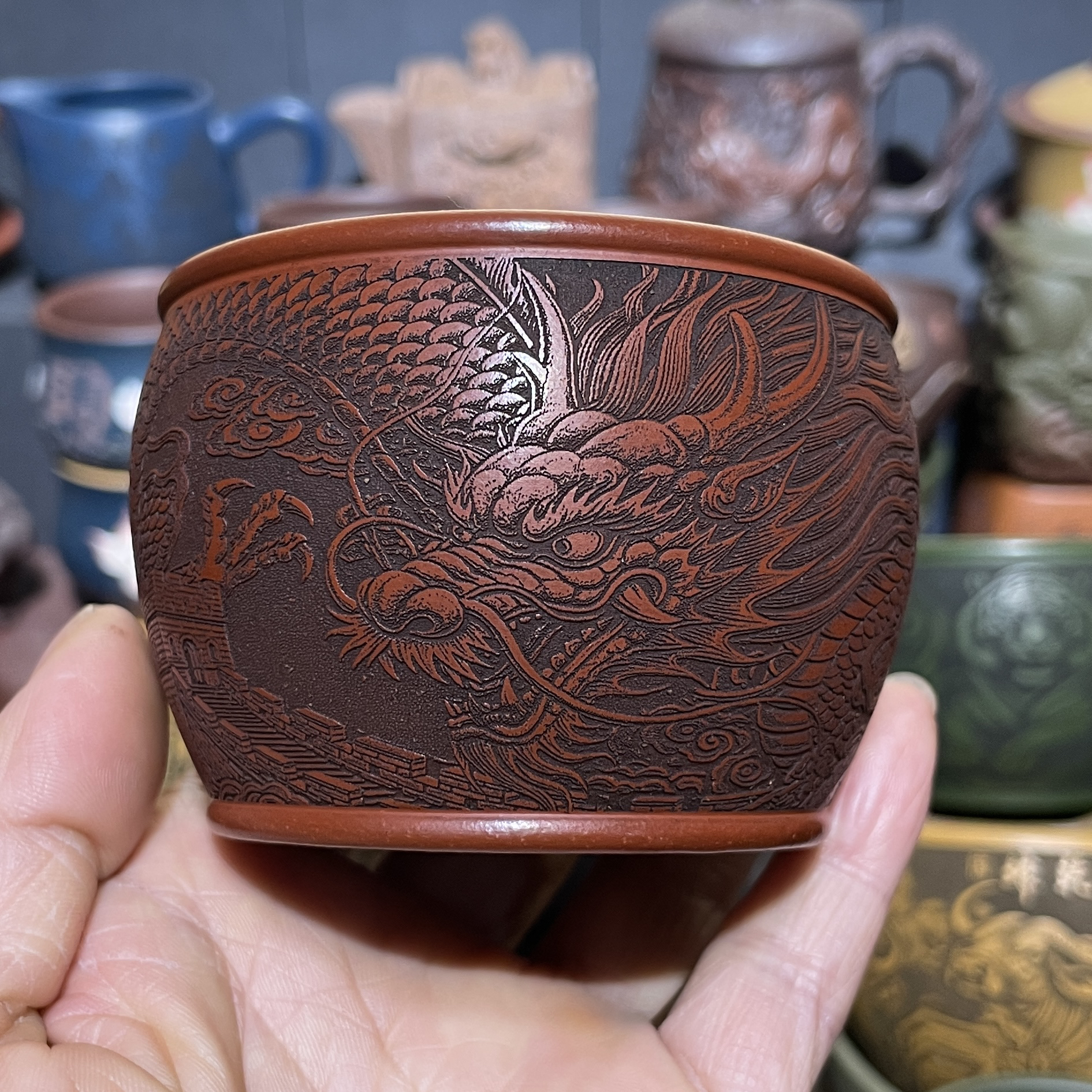 原矿朱泥大红袍纯手工浮雕龙紫砂主人杯140cc双层隔热防烫手茶杯