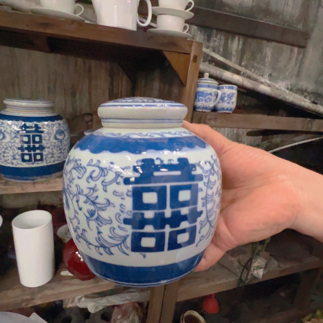 瓷片景德镇高温陶瓷青花喜字罐小号