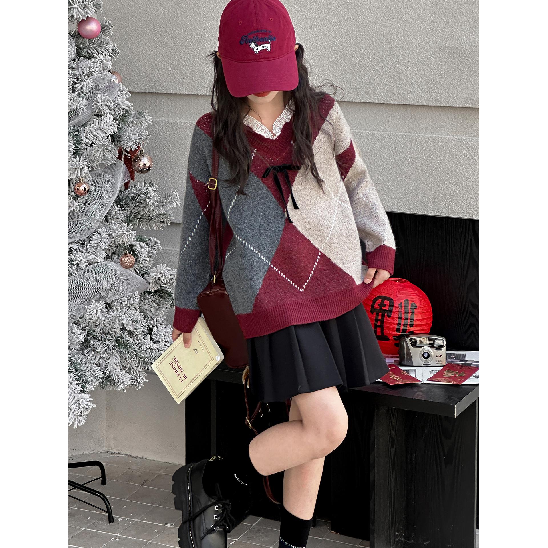 女童菱形格花边领毛衣秋冬2025新款中大童甜美洋气针织毛线外穿潮