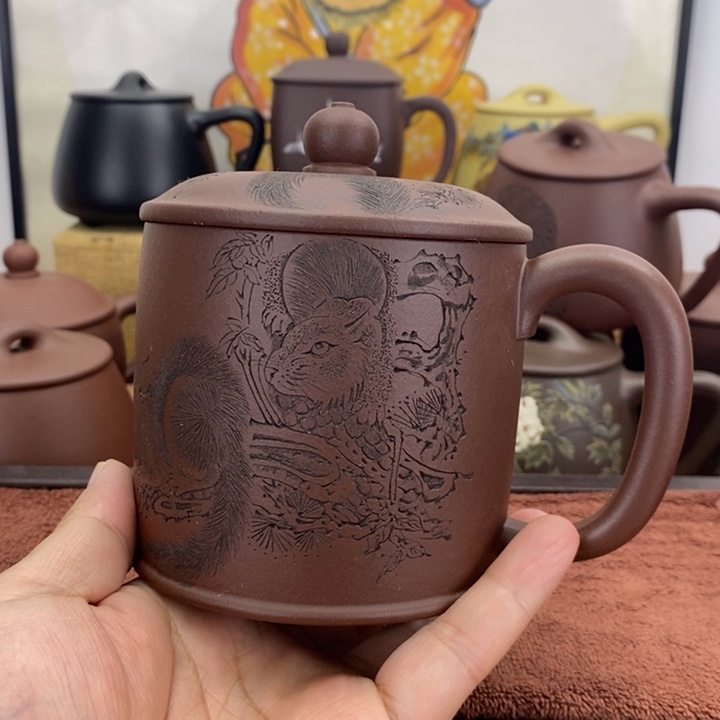 茶杯紫砂老紫泥松鼠