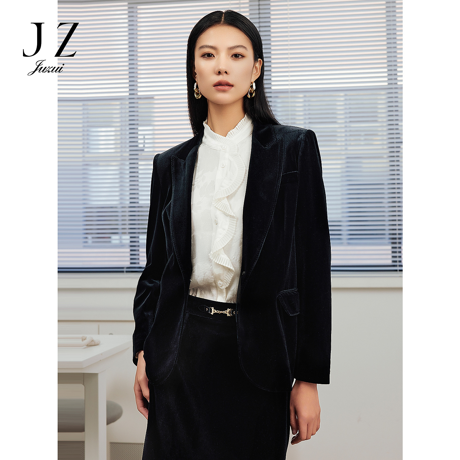 JZ玖姿西装外套女2025新款商场同款雅致通勤丝绒一粒扣JWFC40206