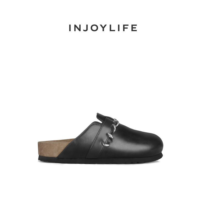 INJOYLIFE环扣勃肯鞋黑色真牛皮软底包头拖鞋女外穿厚底一脚蹬