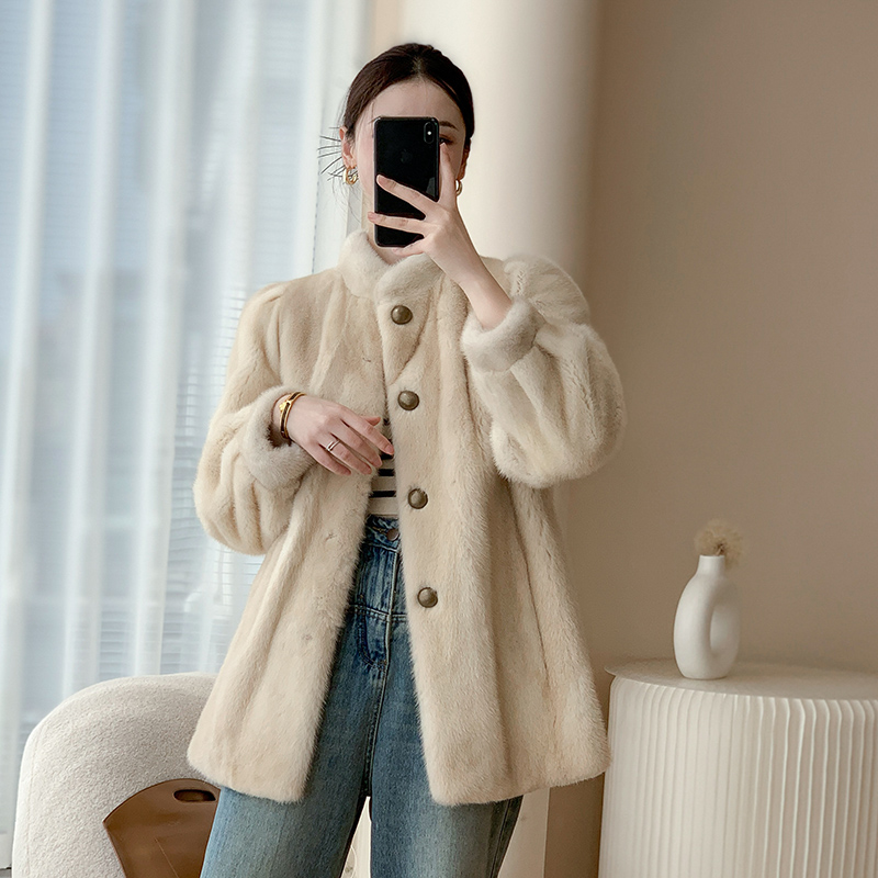 中长款貂皮大衣女防寒中长款整貂外套铜扣 DZ2496