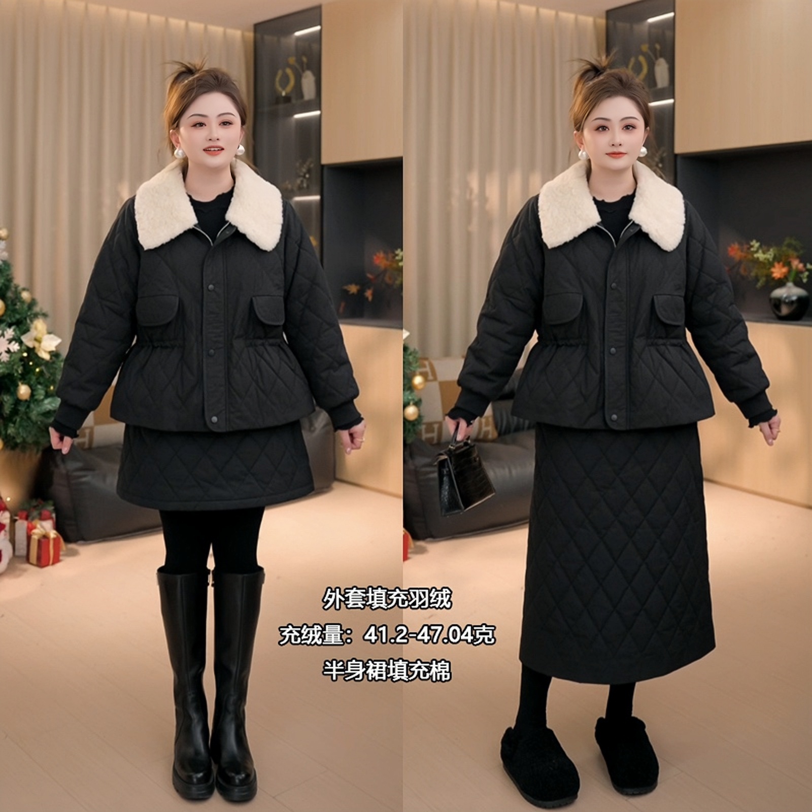 【胖佳佳】miu系千金羽绒套装 冬季羔毛拼接外套半身裙H625H19426