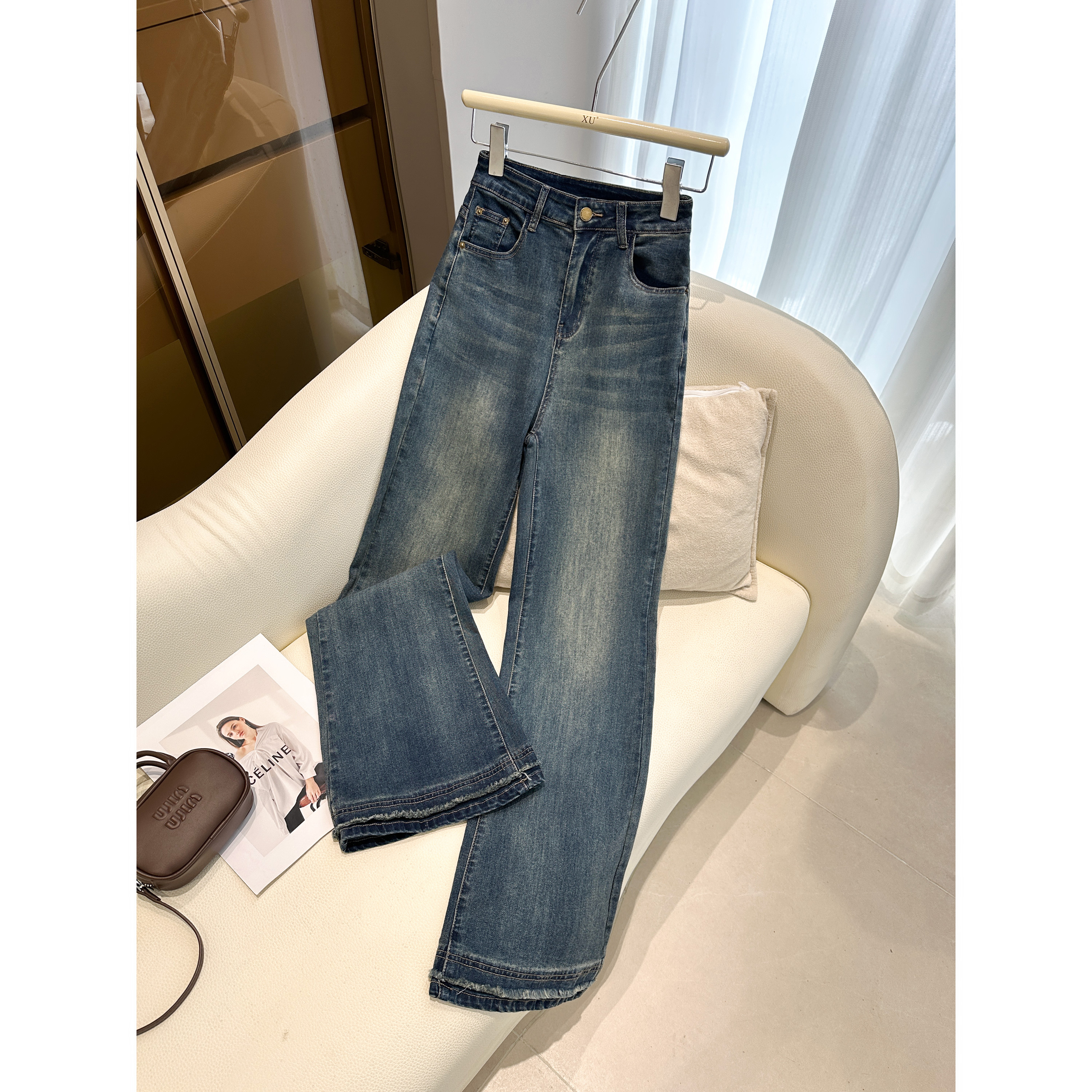 7649 GY 秋季复古猫须磨白直筒牛仔裤柔软毛边弹力微喇裤