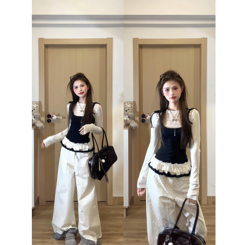 2025春新款女百搭休闲假两件吊带T恤长袖花边裙摆上衣波点休闲裤