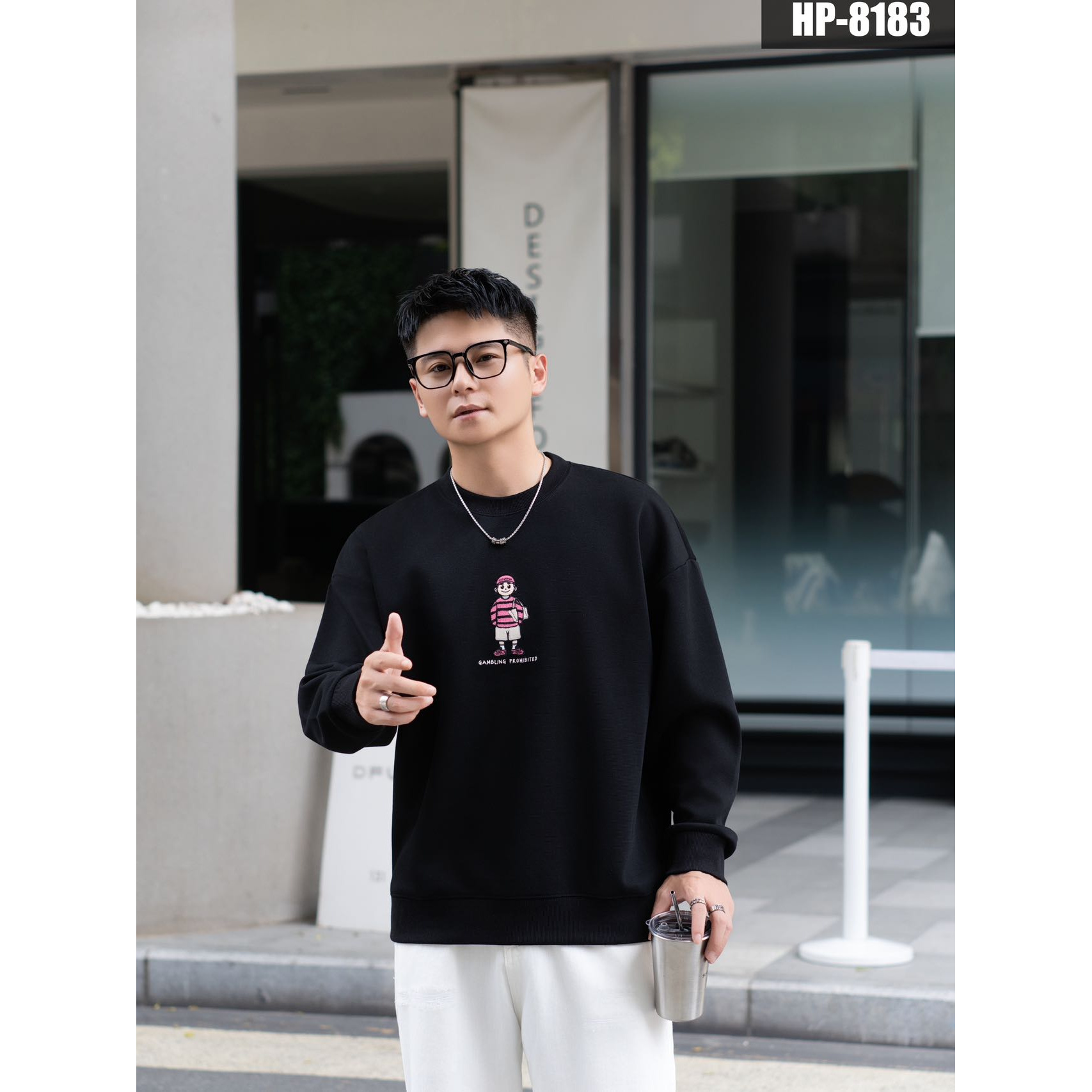 秋冬重磅卡通印花圆领长袖男潮流美式宽松休闲卫衣百搭8183