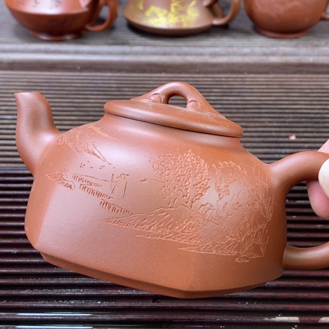 紫砂茶壶白9 六方如意 红皮龙