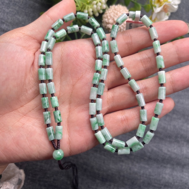 阳绿飘花竹节珠链卡4.5mm路路通百搭缅甸翡翠A货编织款玉牌项链绳