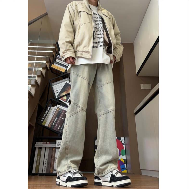 小众设计感拼接条纹牛仔裤男美式复古高街vibe显瘦直筒微喇裤