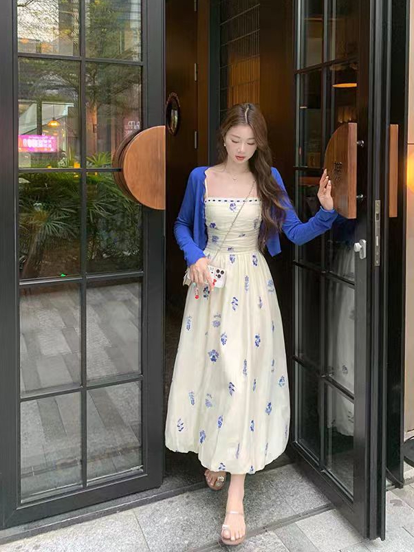 气质法式碎花连衣裙女春夏+开衫显瘦夏季小众温柔风8540