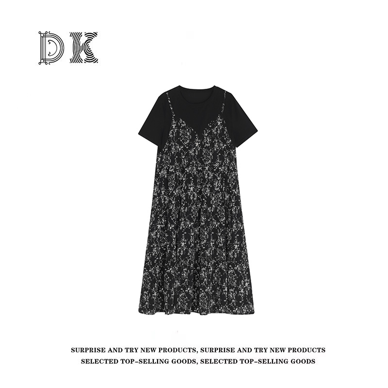DK 2025夏季 女装设计感拼接假两件圆领宽松碎花连衣裙 99295